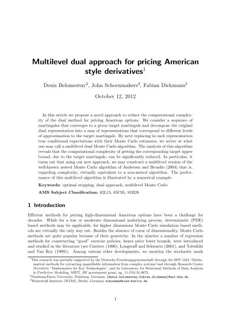 Multilevel dual approach for pricing  American style derivatives - WIAS