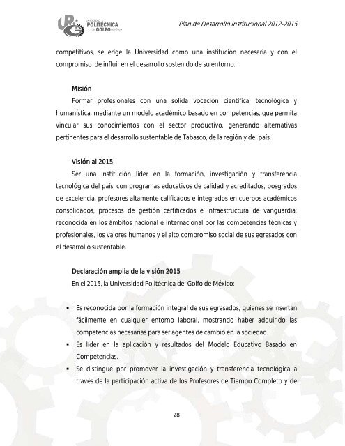 Plan de Desarrollo Institucional 2012-2015 - Universidad ...