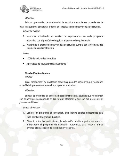 Plan de Desarrollo Institucional 2012-2015 - Universidad ...