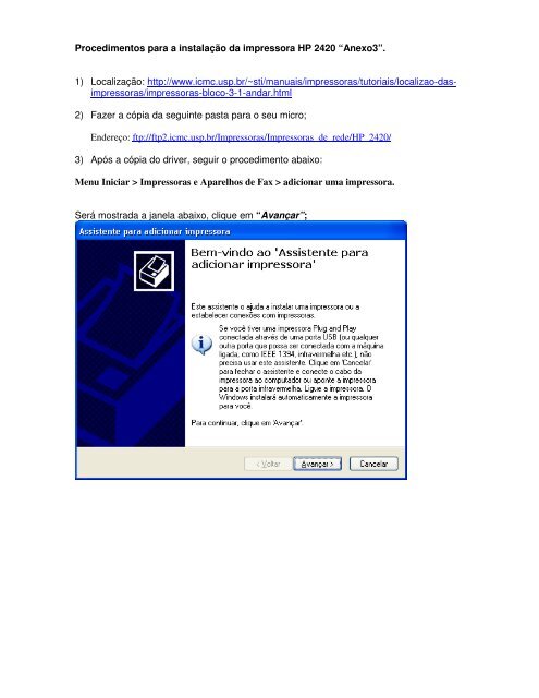 Procedimentos para a instalação da impressora HP 2420 “Anexo3 ...