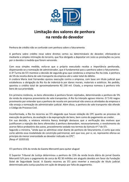 Limitação dos valores de penhora na renda do devedor - Abde