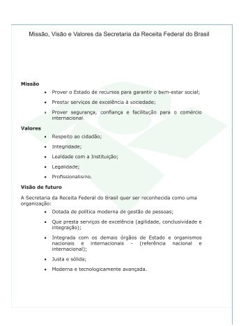 Missão, Visão e Valores da Secretaria da Receita Federal do Brasil