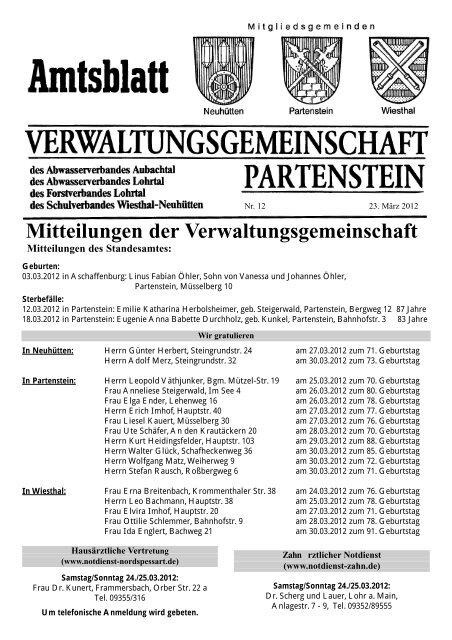 Mitteilungen Der Verwaltungsgemeinschaft Partenstein