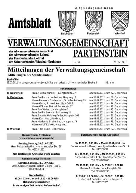 Mitteilungen der Verwaltungsgemeinschaft - Partenstein