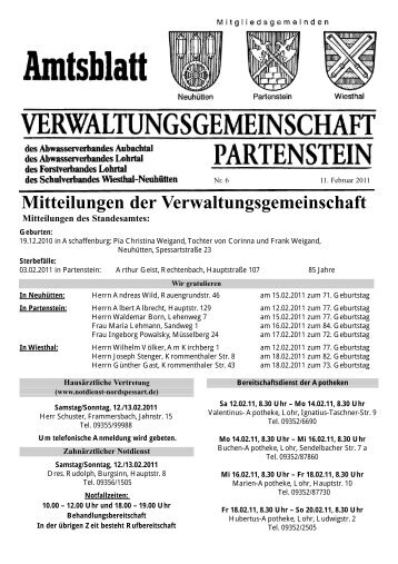 Mitteilungen der Verwaltungsgemeinschaft - Partenstein