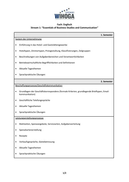 Fach: Englisch Stream 1: âEssentials of Business Studies and ...