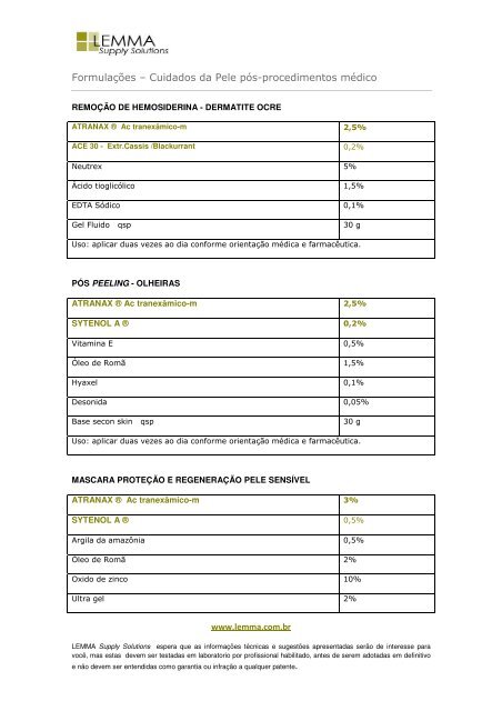 Formulações – Cuidados da Pele pós ... - Lemma.com.br