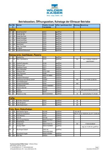 Betriebszeiten, Öffnungszeiten, Ruhetage der ... - Wilder Kaiser