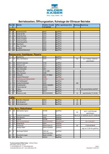 Betriebszeiten, Öffnungszeiten, Ruhetage der ... - Wilder Kaiser