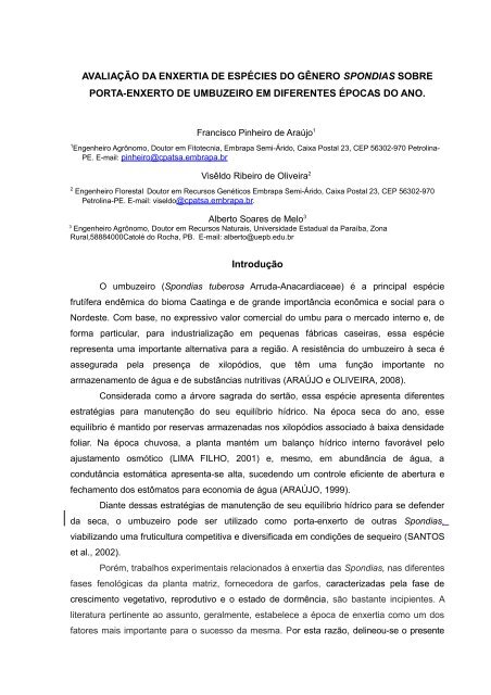 avaliação da enxertia de espécies do gênero ... - Ainfo - Embrapa