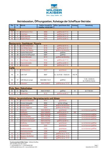 Betriebszeiten, Öffnungszeiten, Ruhetage der ... - Wilder Kaiser