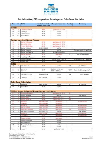 Betriebszeiten, Öffnungszeiten, Ruhetage der ... - Wilder Kaiser