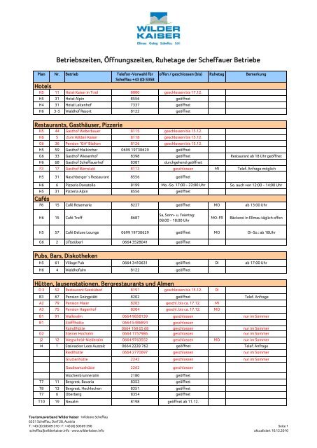 Betriebszeiten, Öffnungszeiten, Ruhetage der ... - Wilder Kaiser
