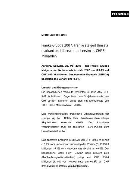 Franke Gruppe 2007: Franke steigert Umsatz markant und ...