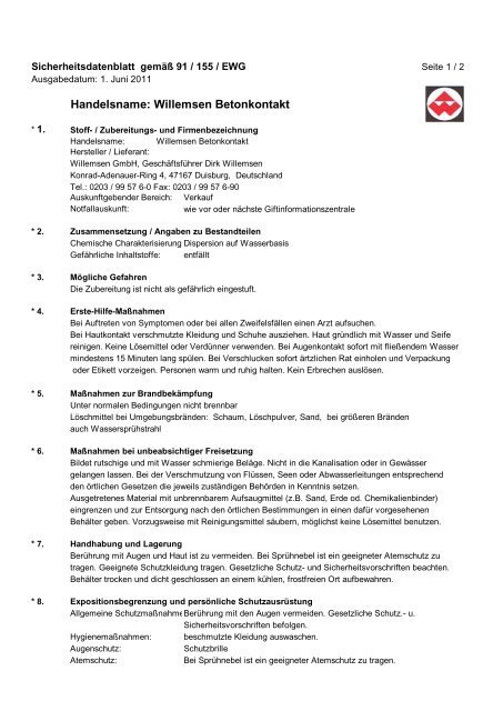 Handelsname: Willemsen Betonkontakt  - Willemsen GmbH