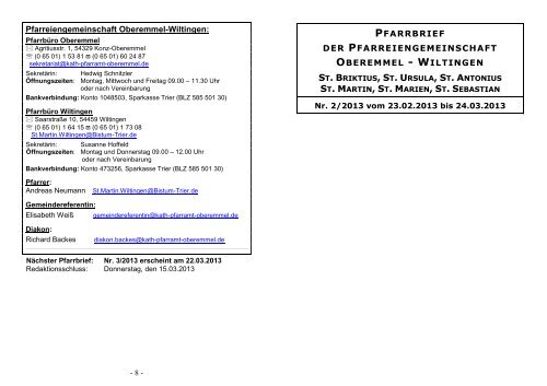 Pfarreiengemeinschaft Oberemmel-Wiltingen: PFARRBRIEF DER ...