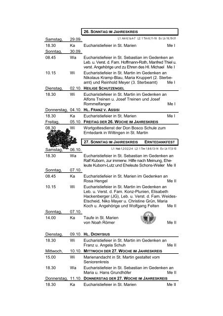 Samstag, 29.09. 18.30 Ka Eucharistiefeier in St. Marien Me I ...