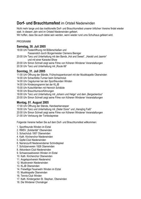 Flyer des Dorffestes mit Programm, den ... - Winden im Elztal