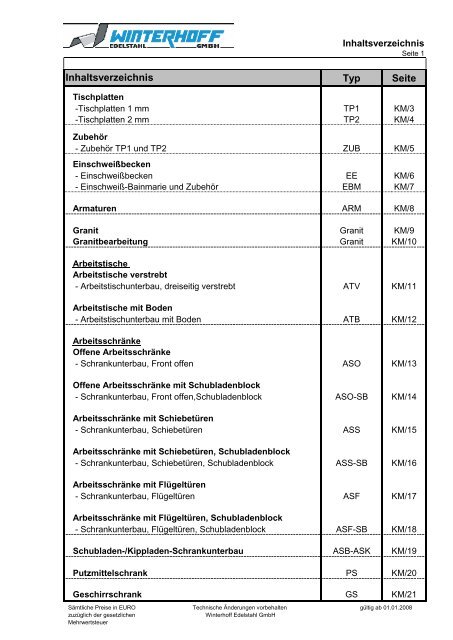 Preisliste Großküchenmöbel (Brutto) - Winterhoff-Edelstahl GmbH