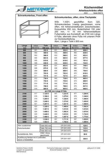 Preisliste Großküchenmöbel (Brutto) - Winterhoff-Edelstahl GmbH