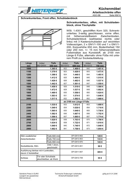 Preisliste Großküchenmöbel (Brutto) - Winterhoff-Edelstahl GmbH