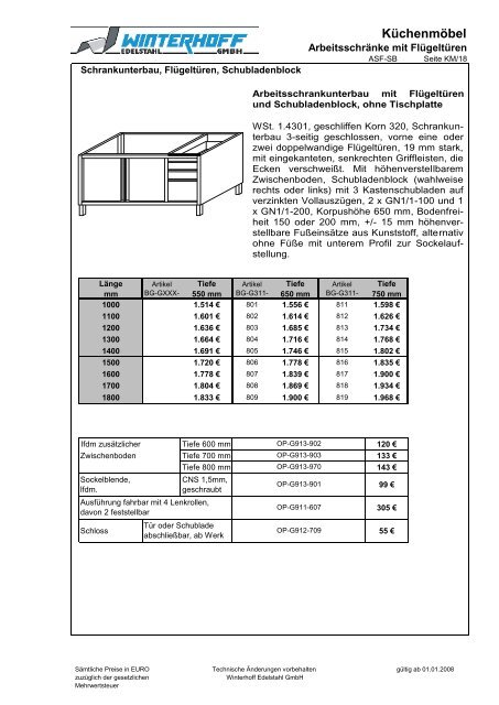 Preisliste Großküchenmöbel (Brutto) - Winterhoff-Edelstahl GmbH