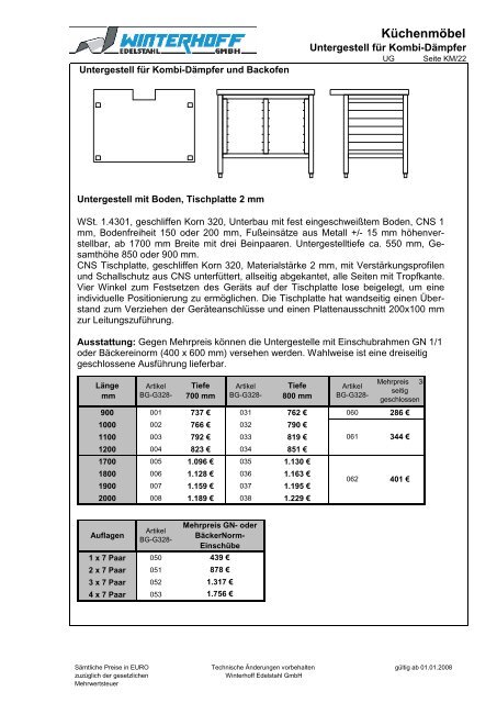 Preisliste Großküchenmöbel (Brutto) - Winterhoff-Edelstahl GmbH