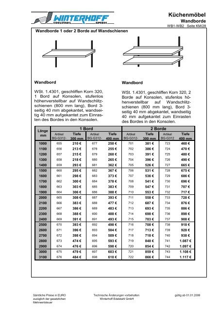 Preisliste Großküchenmöbel (Brutto) - Winterhoff-Edelstahl GmbH