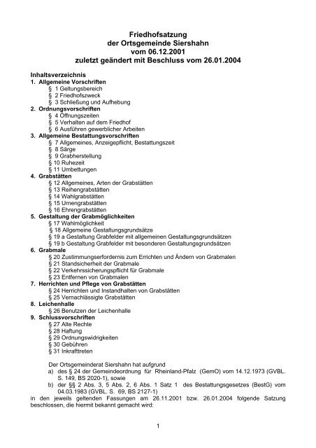 Friedhofssatzung der Ortsgemeinde Siershahn