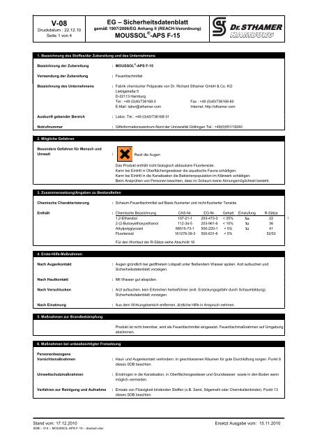 Schaummittel Moussol APS F15 Sicherheitsdatenblatt