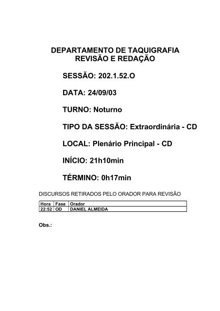 202.1.52.O DATA: 24/09/03 TURNO - Câmara dos Deputados