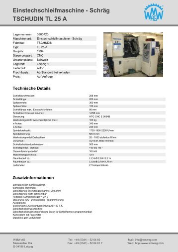Einstechschleifmaschine - Schräg - TSCHUDIN TL 25 A - WMW AG