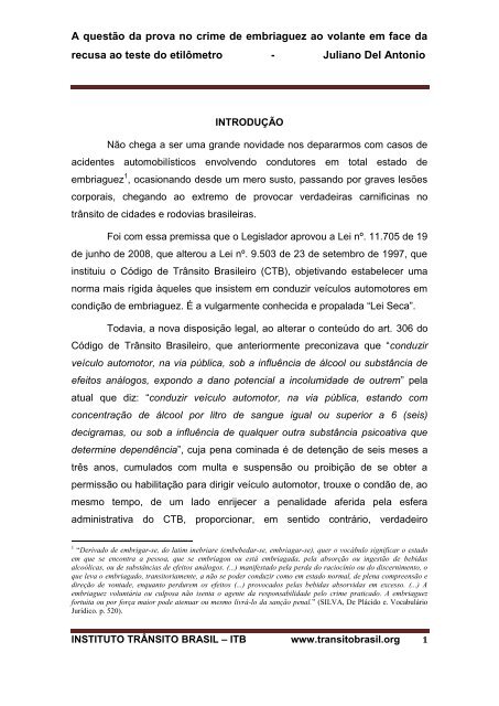 A questão da prova no crime de embriaguez - Trânsito Brasil