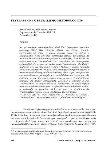 feyerabend eo pluralismo metodológico - Departamento de Física