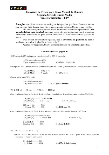 Exercícios de Treino para Prova Mensal de Química Segunda Série ...