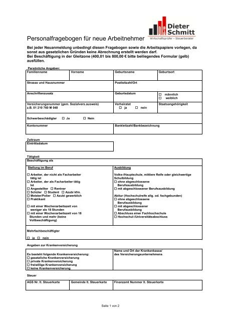 Personalfragebogen für neue Arbeitnehmer