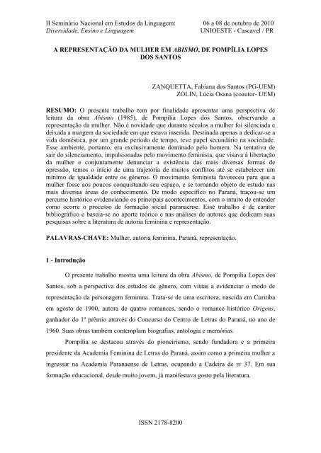 14- a representação da mulher em abismo, de pompília ... - Unioeste