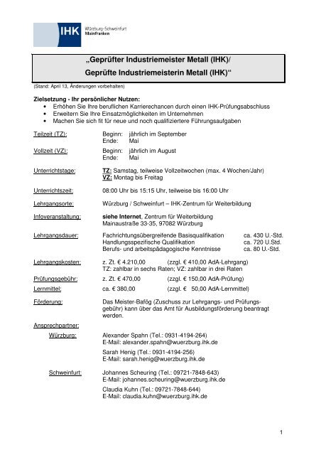 Infoblatt für Geprüfte/r Industriemeister/in Metall  Informationen