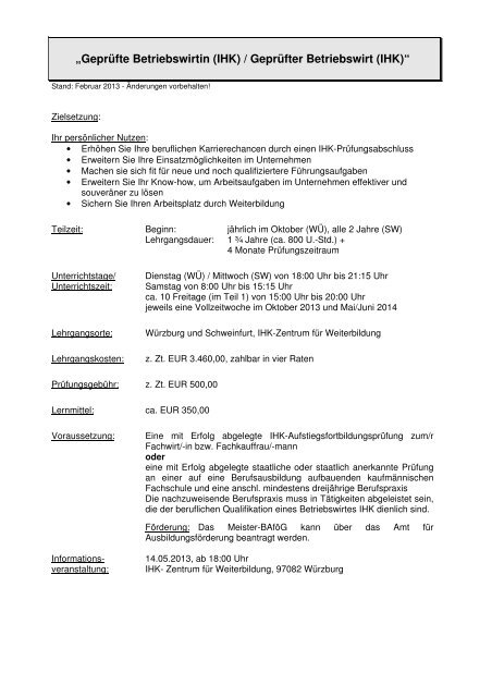 Infoblatt Geprüfte/r Betriebswirt/in Informationen zum Lehrgang