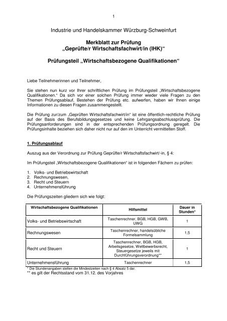 Merkblatt für die Prüfung Geprüfte/r Wirtschaftsfachwirt/in Prüfungsteil