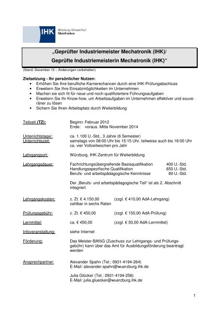 Infoblatt Geprüfte/r Industriemeister/in Mechatronik Informationen zum