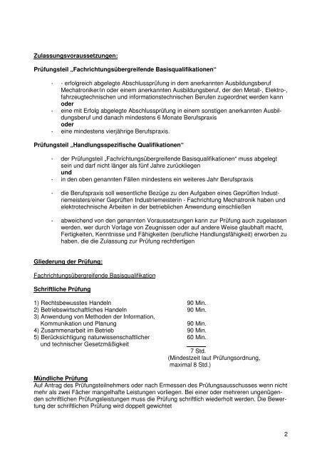 Infoblatt Geprüfte/r Industriemeister/in Mechatronik Informationen zum