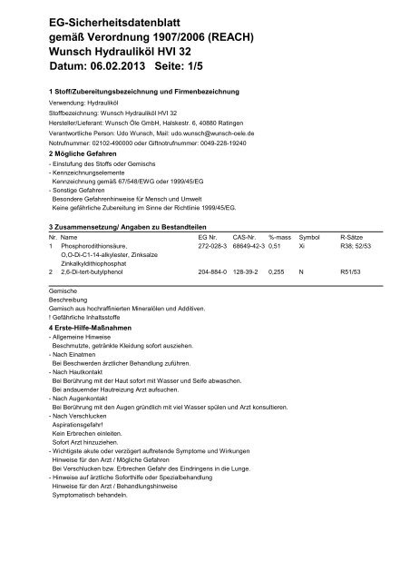 Wunsch Hydrauliköl HVI 32 Datum: 06.02.2013 Seite: 1/5 EG ...