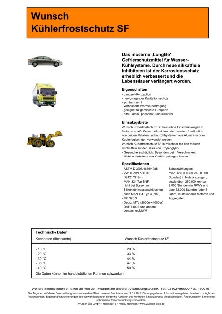 kuehlerfrostschutz sf - Wunsch Öle GmbH