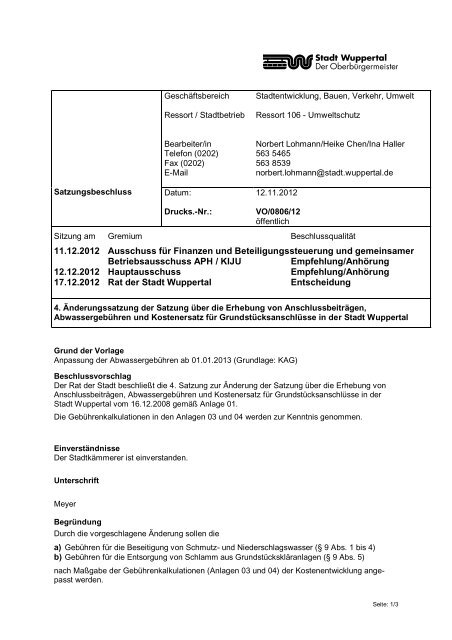 Beschlussvorlage zur 4. Änderungssatzung - Stadt Wuppertal