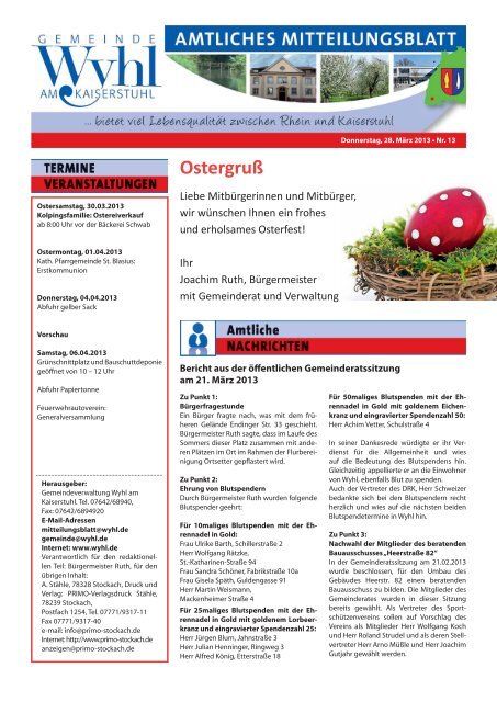 Mitteilungsblatt Nr. 13 vom 28.03.2013 - Gemeinde Wyhl am ...