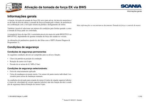 Ativação da tomada de força EK via BWS Informações gerais - Scania