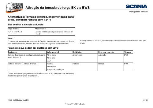 Ativação da tomada de força EK via BWS Informações gerais - Scania