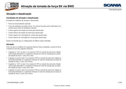 Ativação da tomada de força EK via BWS Informações gerais - Scania