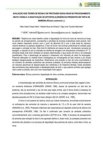 avaliação dos teores de ricina e de proteases ... - Embrapa Algodão